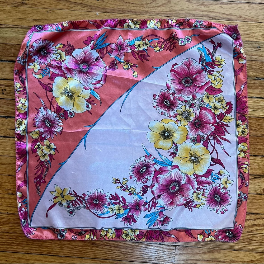 Floral Square Silk-Feel Scarf / Bandana in Coral & Pink
